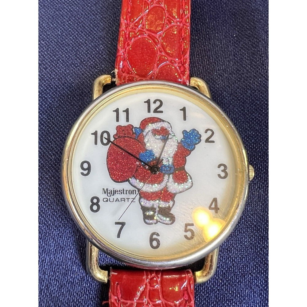 Vintage Majesti Quartz Santa Claus Watch Red Strap Christmas Holiday Works